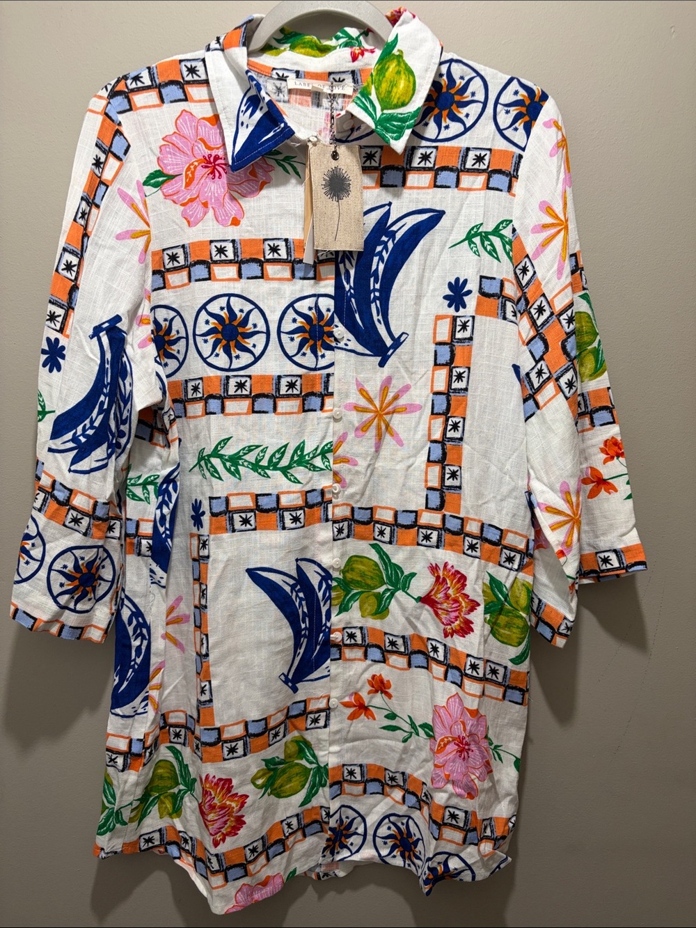 Label of Love Button-Up Tunic - Multicolor bold print size Small linen blend